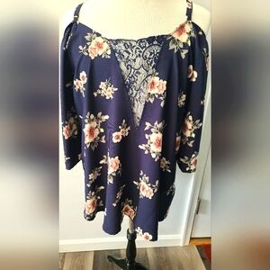 Torrid, Size 0, Nwt Blue Floral, Cold Shouler, Spaghetti Strap Top